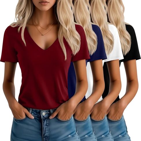 Neer 4 Pack Women's V Neck T-Shirts Summer Short Sleeve Casual Tops Loose Fit Flat Hem Basic Tees in Saudi Arabia