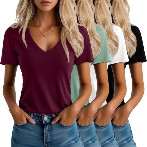 Neer 4 Pack Women's V Neck T-Shirts Summer Short Sleeve Casual Tops Loose Fit Flat Hem Basic Tees in Saudi Arabia