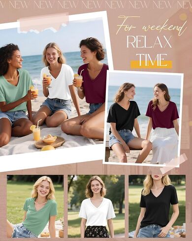 Neer 4 Pack Women's V Neck T-Shirts Summer Short Sleeve Casual Tops Loose Fit Flat Hem Basic Tees in Saudi Arabia