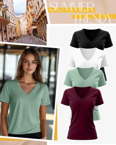 Neer 4 Pack Women's V Neck T-Shirts Summer Short Sleeve Casual Tops Loose Fit Flat Hem Basic Tees in Saudi Arabia