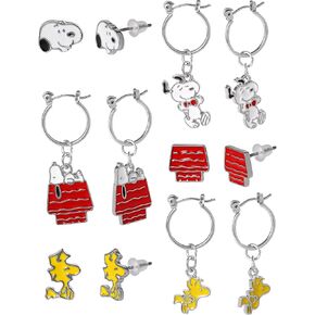 SALLY ROSE Peanuts Woodstock and Snoopy Earrings Pack of 6 Pairs Official License, Enamel-Plated Studs and Hoops with Dangle Charm