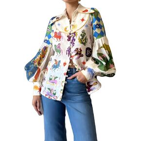 Women's Long Puff Sleeve Lapel Button Graffiti Printed Bodycon Sexy Nightclub Party Blouse Shirts Tops