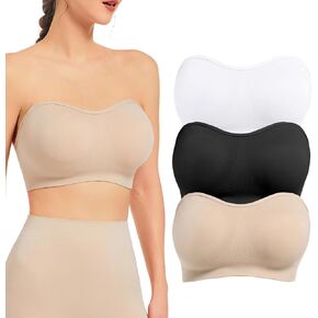 SIMIYA 3 Packs Strapless Bras for Women Removable Pads Clear Wireless Seamless Bandeau Bra Non-Slip Silicone Straps Bra