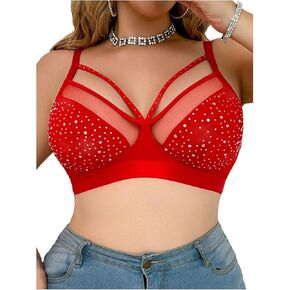 MakeMeChic Women's Plus Size Rhinestone Sparkly Bra Wireless Bralette Cut Out Comfy Bras