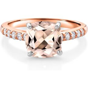 GEM Stone King 10k Rose Gold Peach Morganite و White Lab خاتم الماس المزروع للنساء (2.08 CTTW ، Cushion Cut 8mm ، Gemstone October Birthstone ، متوفر في الحجم 5 ، 6 ، 7 ، 8 ، 9)
