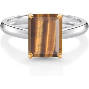 Gem Stone King 925 Silver and 10K Yellow Gold 9X7MM Emerald Cut Gemstone Birthstone Engagement Ring | Wedding Anniversary Promise Ring For Women | Available In Size 5, 6, 7, 8, 9