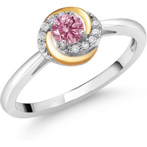 Gem Stone King 2 Tone 925 Silver and 10K Yellow Gold Pink and White Lab Grown Diamond Solitaire Engagement Ring For Women (0.32 Cttw, Round 4MM, April Birthstone, Available In Size 5, 6, 7, 8, 9)