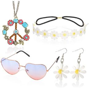 Dicunoy 5 PCS Hippie Costume Accessories, 70s Hippie Costume Set, Daisy Flower Headband and Earrings, Sunglasses, Peace Sign Pendant Necklace Jewelry for 60s 70s Theme Groovy Party
