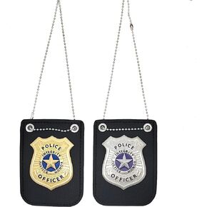 Police Badge Costume Props, 2 Pack Metal Badges with Chain and Belt Clip, Gold and Silver