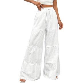 WDIRARA Women's Drawstring Waist Wide Leg Long Pants Casual Loose Fit Pants