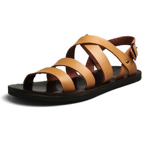 Men's Leather Cutout Flat Fisherman Sandals with Adjustable Ankle Buckle Lightweight Non-Slip Gladiator Sandals Fashion Open Toe Summer Beach Sandals
