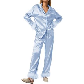 Women Satin Silk Pajamas Set with Fuzzy Feather Trim Solid Long Sleeve Shirt Tops High Waisted Pants Pjs Loungewear