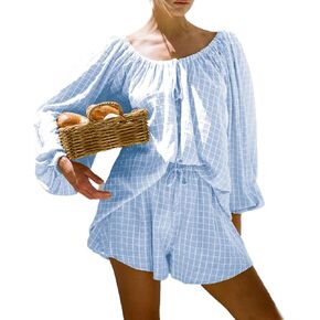 Women Plaid Bubble Oversize Long Sleeve Top Shorts 2 Piece Cozy Beach Vacation Outfits Lounge Set Tracksuits