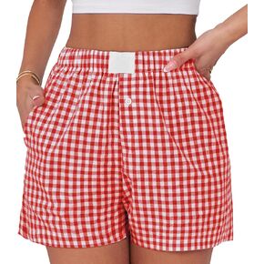 Womens Boxer Shorts Cotton Summer Casual Pajama Y2K Sleep Gingham Plaid Shorts Bottom with Pockets