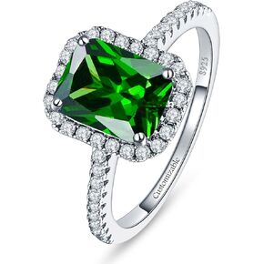 3.6ct 8x6mm Created Green Simulated Emerald Rings 925 Sterling Silver Engagement Ring for Women May Birthstone Rings Paved Cubic Zirconia Wedding Rings Size 5-10