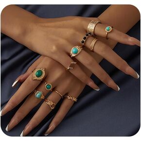 Vintage Gold Turquoise Stacked Ring Set Resin Statement Finger Joint Knuckle Ring for Women Versatile Twist Jewelry Gift