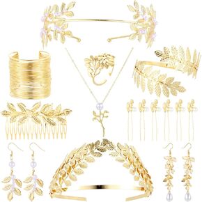 Greek Goddess Costume Accessories Set for Women Golden Laurel Leaf Crown Headband Arm Cuff Coil Bracelet Pearl Leaf Earrings Necklace Rings Hair Comb Pins Wedding Headpiece Toga Costume Jewelry