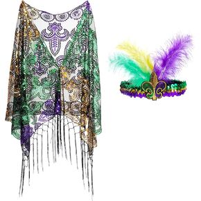 Mardi Gras Shawl Darf Cape Poncho مع عصابة رأس ريشة للنساء ، Green Purple Yellow Comple Associory Party Form