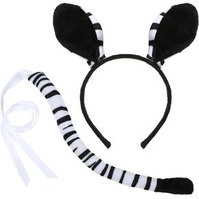 XEPST Animal Zebra Costume Set, Zebra Ears and Tail Set with Ears Headband and Tail for Animal Costume Cosplay Birthday Party Accessories Halloween Fancy Dress Party Supplies