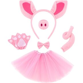Pig Costume Set, Pig Ears Headband, Nose, Bowtie, Tail, Tutu Skirt & Paw Gloves, Pink Fancy Accessories for Halloween Play Party Carnival World Book Day