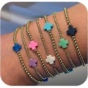 ecozran Gold Beaded Bracelets for Women Trendy Non Tarnish Gold Bracelet Stack Jewelry Sets, Paperclip and Cross Design Bracelets, Ideal as Birthday Gifts