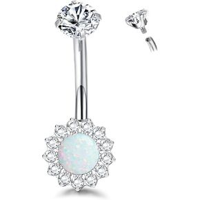 خاتم زر بطن التيتانيوم 14G خواتم زر البطن AAAAAAA Zirconia الزركونيا زهرة أوبال 10 ملم حلقة بطن مطلي بالذهب للنساء هالة داخلي ملولب الجسم بطن البطن