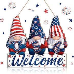 Tatuo Patriotic Welcome Door Decor 4th of July Wooden Sign Red Blue White Retro Gnome Memorial Day Door Hanger Decoration for Independence Day Porch Wall Window