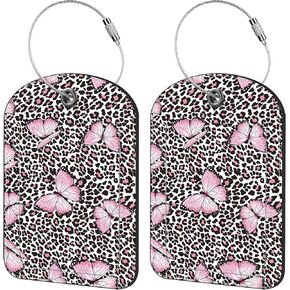 2 Pack Cute Luggage Tag for Suitcases Colorful Butterfly Leather Luggage Tags with Stainless Steel Loop Privacy Flap Name Tags,Men and Women Travel Bag Suitcase Tags