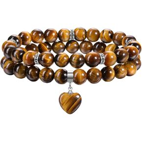 Jovivi 2pcs Healing Crystal Beaded Bracelets for Women,8mm Natural Gemstones Amethyst Stone Bracelet,Anxiety Stress Relief Heart Charm Bracelet Handmade Jewelry Gifts for Her