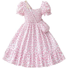 Floral Print Smocked Dress, White with Flower, Princess Style
