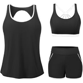 Tankini Swimsuits with Shorts - 3 Piece Athletic Tankini Bathing Suits with Sports Bra and Two Pockets Boyshorts Bottom