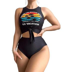 Verdusa Women's 2 Piece Summer Beach Tankini Set Bow Tie Crop Tank Top and Panty Swimsuit