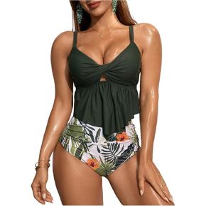 SweatyRocks نساء 2 قطعة بوهو طباعة استوائية تويست الكشكش عالية الخصر بدلة السباحة بدلة السباحة