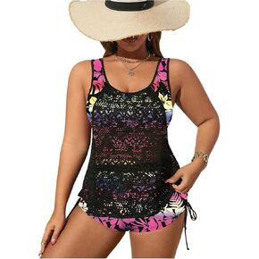 SOLY HUX Women's Plus Size Tankini Swimsuits Floral Print Two Piece Bathing Suit Lace Tankini Tops and Shorts Set