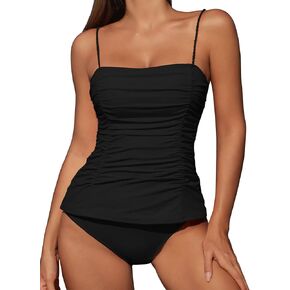 ZAFUL Womens Tankini Swimsuits 2025 Spaghetti Strap Two Pieces Ruched Top Tummy Control High Waisted Bottom Bathing Suits