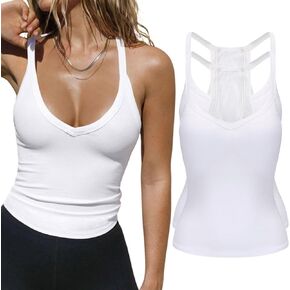 2 Pack V Neck Tank Tops for Women Built in Bra Racerback Womens Tank Tops Basics Yoga Ribbed Gym Sleeveless Shirts