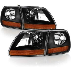 ACANII - For 1997-2003 Ford F150 Black Housing [Harley Davidson Style] Headlights w/Corner Lights Assembly Left+Right