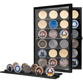 Wooden Military Challenge Coin Holder Display Case Lockable, Medal Display Cabinet Shadow Box Frame 11x16 with Removable Shelves for Military Medals Keepsakes, Tabletop or Wall Mountable Black