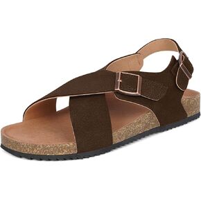 Intini Women's Cork Footbed Sandals with Arch Support Suede Leather Flat Slides Sandals Comfort Open Toe Slip On Shoes for Outdoor Summer Adjustable Buckle & Crisscross Band