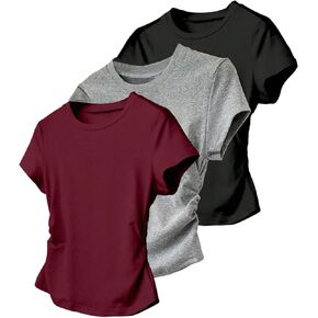 Girl's 3 Packs Short Sleeve Ruched T Shirt Crewneck Slim Fit Basic Tee Tops Summer Clothes