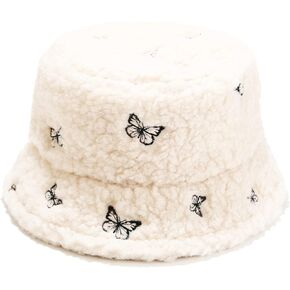 Winter Warm Plush Fuzzy Bucket Hat Faux Fur Shearling Butterfly Fisherman Hats for Women
