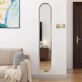 Gold Full Length Oval Mirror,Narrow Capsule Long Mirrors with Metal Frame for Entryway,Hallway,Living Room 44"X8" (1pc)