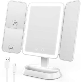 Vanity Mirror with Lights, Rechargeable Lighted Makeup Mirror with 1X/3X/5X Magnification, Smart Touch 3 Colors Dimmable, Portable Trifold Light Up Mirror for Travel, Gifts for Women Girls