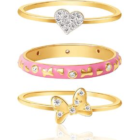 Disney Womens Ring Trio Size 7-18K Flash Flated Flated Silver Rings - Minnie Mouse Rings - Cubic Zirconia Heart Ring