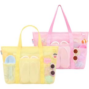 Tagitary Mesh Beach Bag with Zipper and 8 Pockets Yellow & Pink, Large Beach Tote Waterproof Sandproof for Camping Sports Pool Swim Bag Foldable Beach Accessories Storage Travel Bag