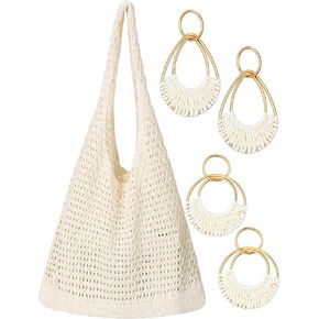 Abbylike Beach Totes Bags for Women Canvas Beach Bags with 2 Pairs Rattan Earrings Tropical Vacation Outfits for Women