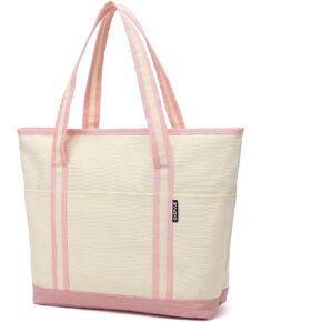 Large Canvas Tote Bag for Women, Beach Bag with Zipper, Utility Tote Bag with 3 Front Pockets, Weekender Pool Bag