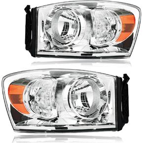 Headlight Assembly Headlights Kit Compatible with 2006-2008 Dodge Ram 1500/2006-2009 Ram 2500 3500(Fits Models with Halogen Headlamps Only) Replacement Headlamp Chrome Housing Amber Reflector