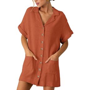ZAFUL Women's 2025 Summer Button Down Dress Pockets Short Sleeves V-Neck Collar Vacation Beach Cotton T Shirt Dresses