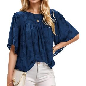 Women 3/4 Bell Sleeve Tops Boho Floral Blouses Crewneck Lace Babydoll Summer Shirts with Keyhole Back